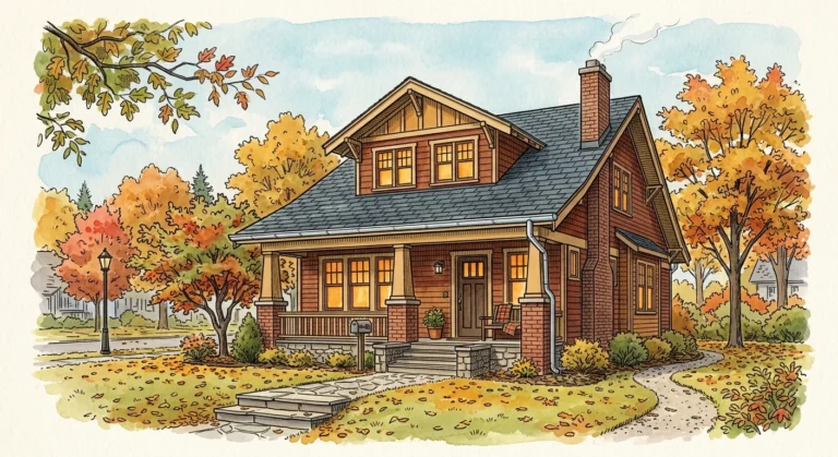 Editorial watercolor illustration of a cozy craftsman home in autumn with warm glowing windows and falling amber leaves.