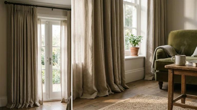Elegant beige linen curtains with deep, luxurious folds draping perfectly onto a hard oak wood floor.