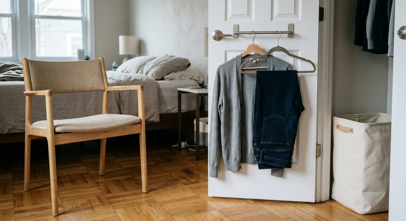 A wooden chair sits in a bedroom next to an open door with a cardigan and jeans hung neatly on a towel bar.