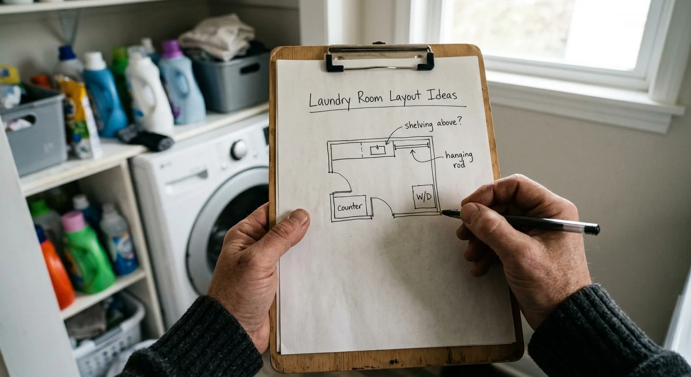 First-person view of someone holding a clipboard with a room layout sketch, preparing to organize their laundry space.