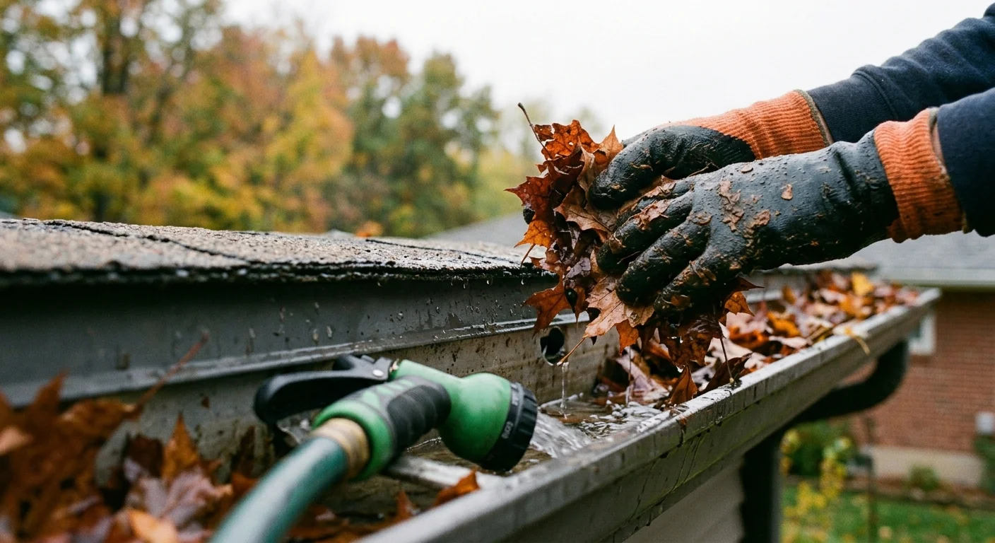 Gloved hands remove wet autumn leaves from a roof gutter alongside a running garden hose spray nozzle.