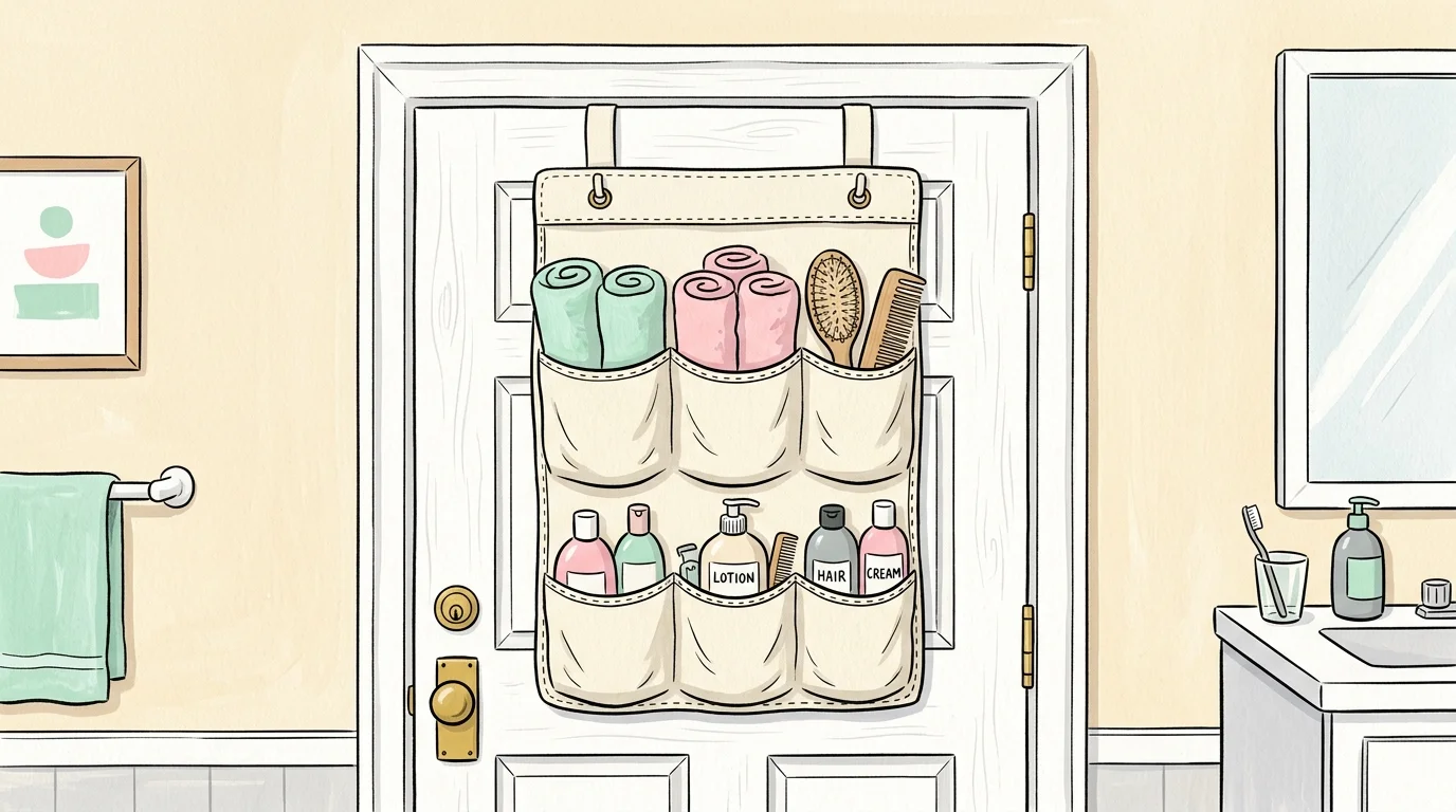 Gouache art of a canvas over-the-door organizer filled with towels and toiletries.