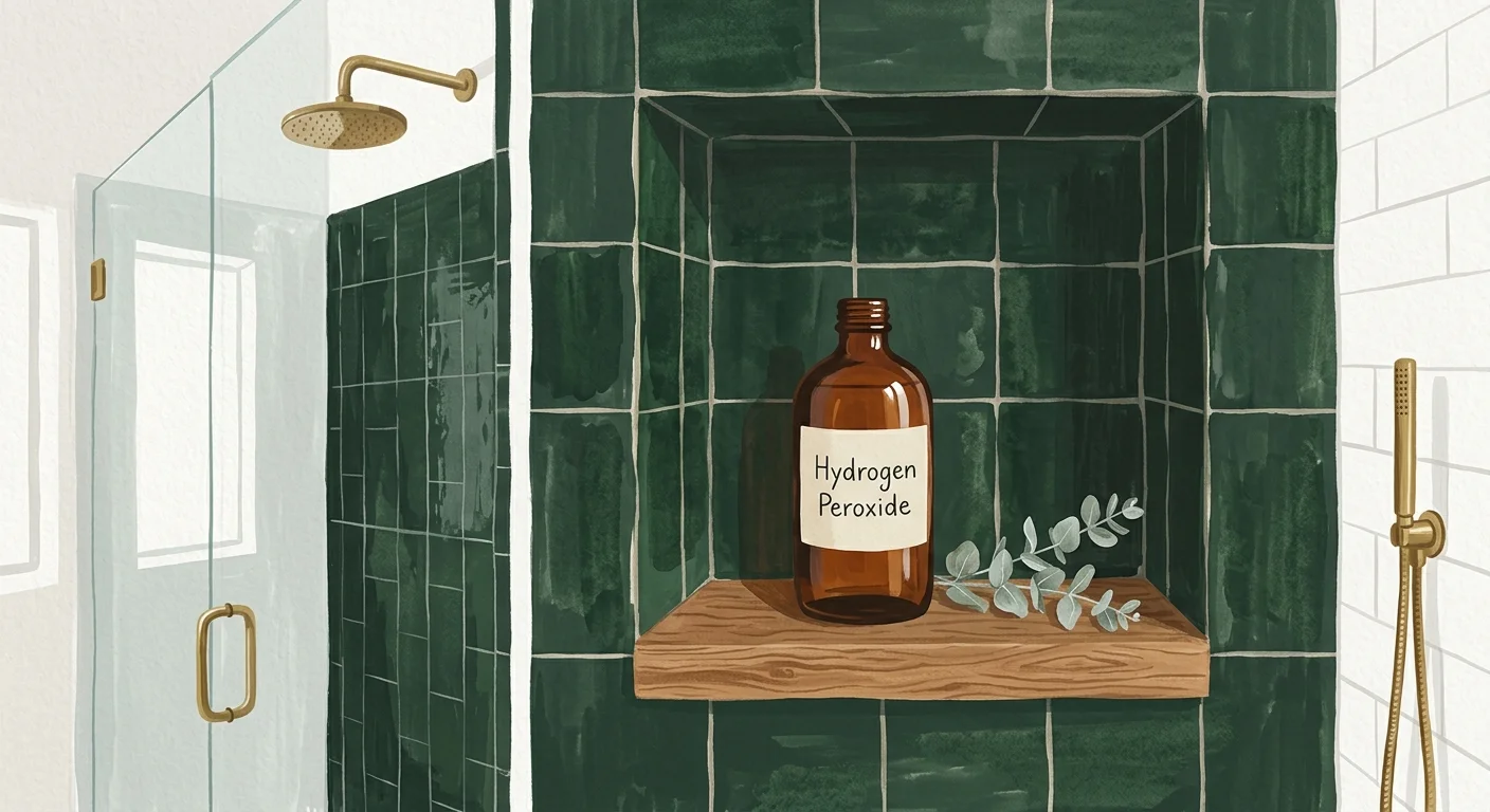 Gouache illustration of a bathroom shower shelf with an amber bottle of hydrogen peroxide spray and eucalyptus.