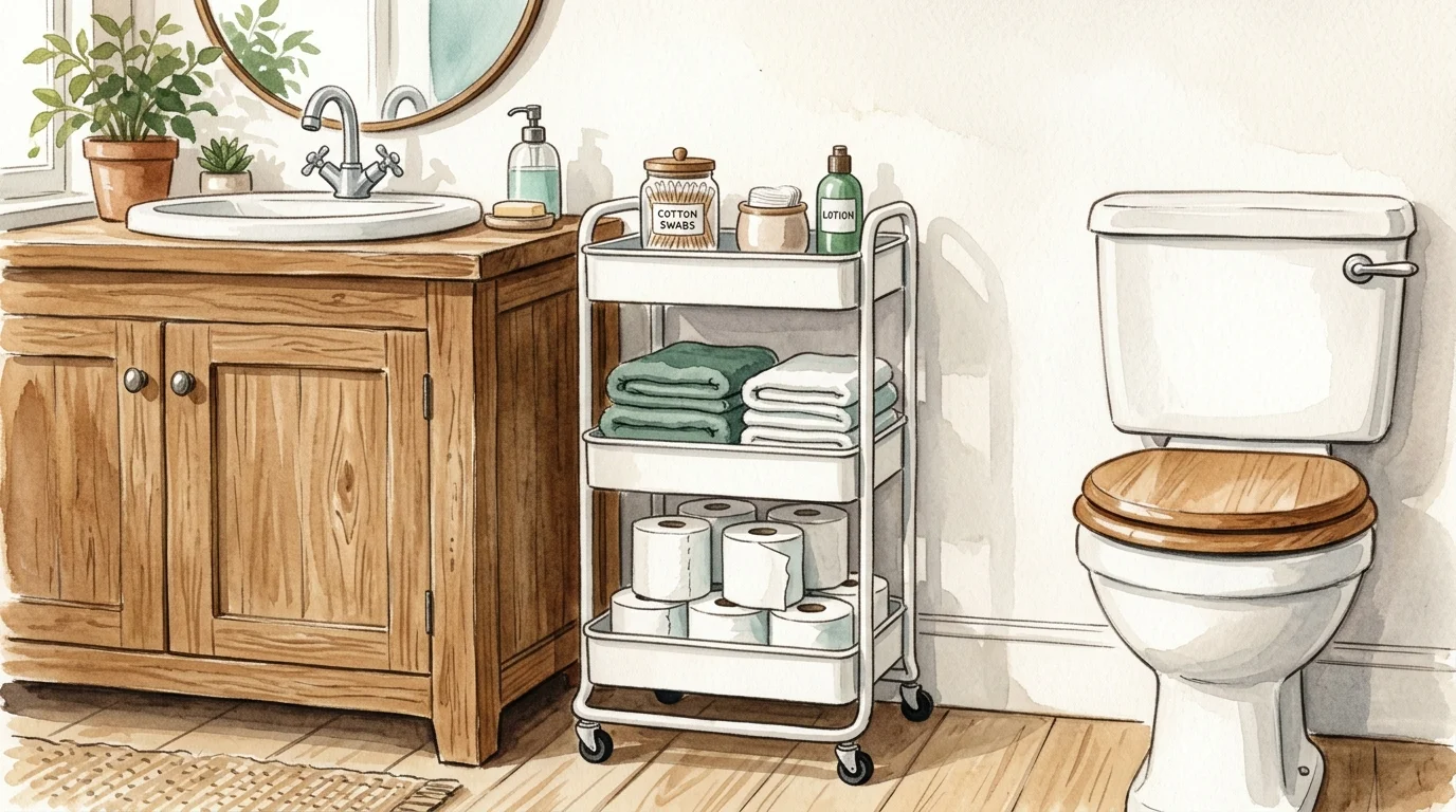 Gouache illustration of a slim white rolling cart fitted into a narrow gap in a bathroom.