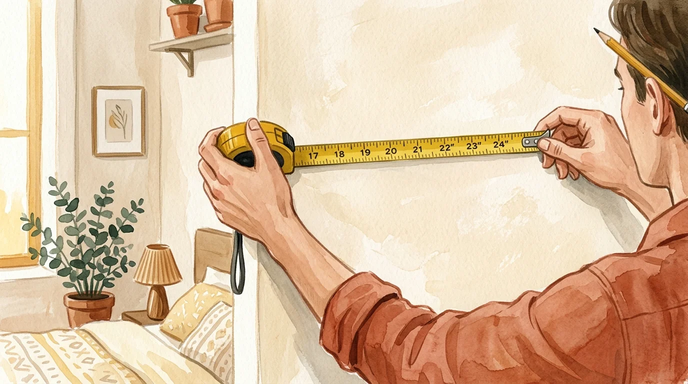 Gouache illustration of hands holding a yellow measuring tape against a wall, preparing for a home project.