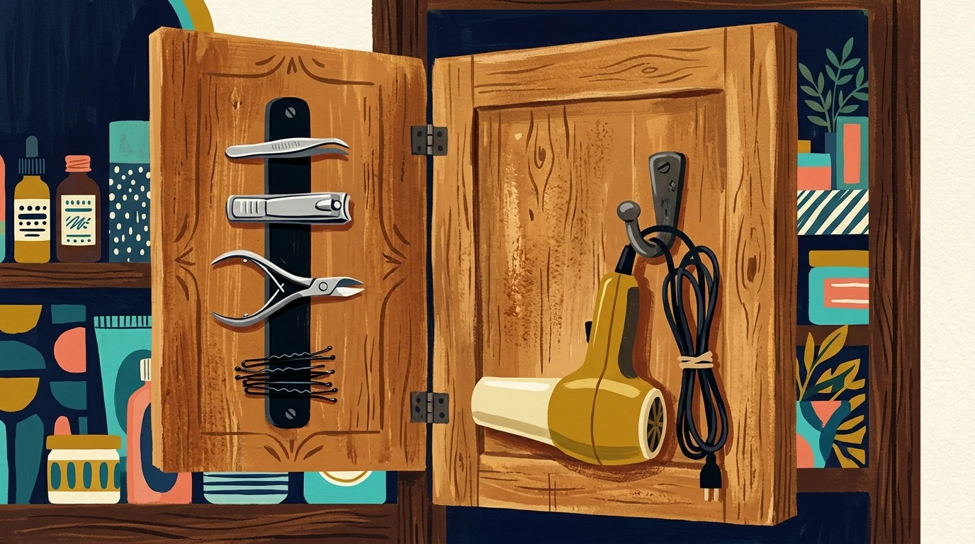 Gouache illustration of magnetic strips and hooks holding grooming tools on the inside of a cabinet door.