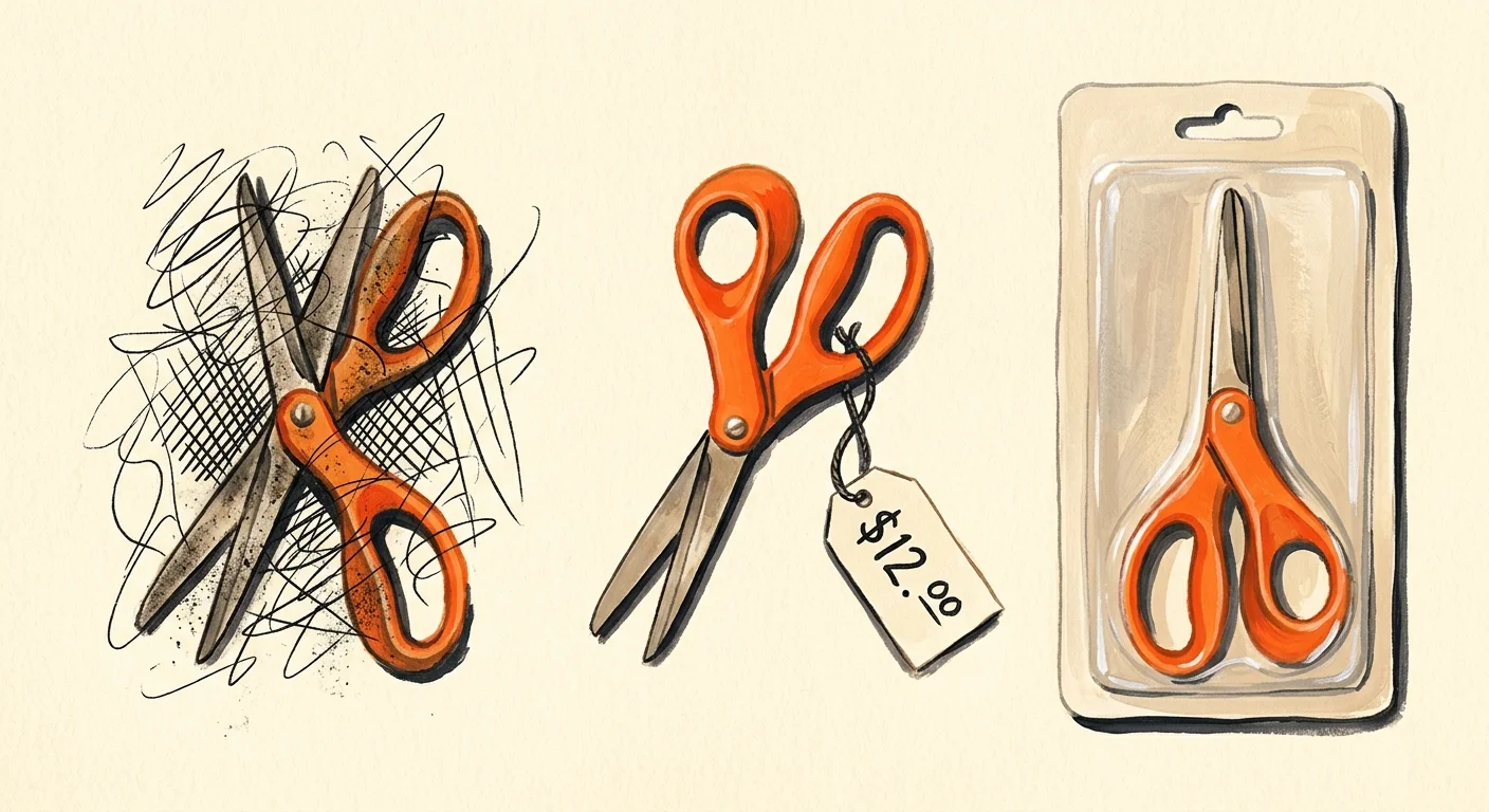 Gouache illustration of three identical pairs of orange scissors, representing redundant purchases due to clutter.
