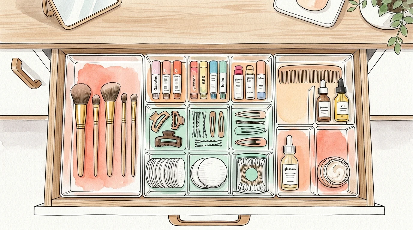 Gouache illustration showing a top-down view of a drawer organized with modular clear acrylic trays.