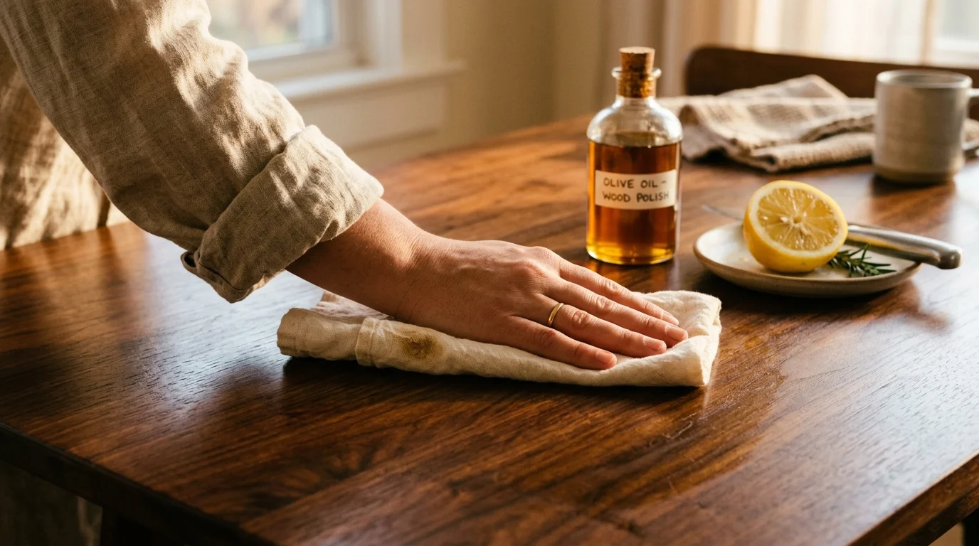 Hand buffing a dark walnut wood table with a cotton cloth, revealing a deep, warm glow.