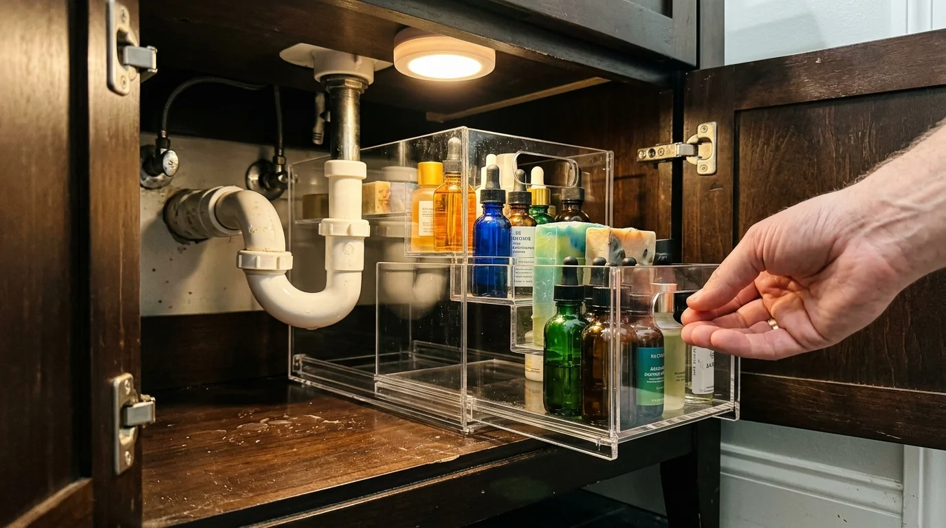 Hand pulling out a tiered acrylic organizer around a sink drainpipe inside a vanity cabinet.