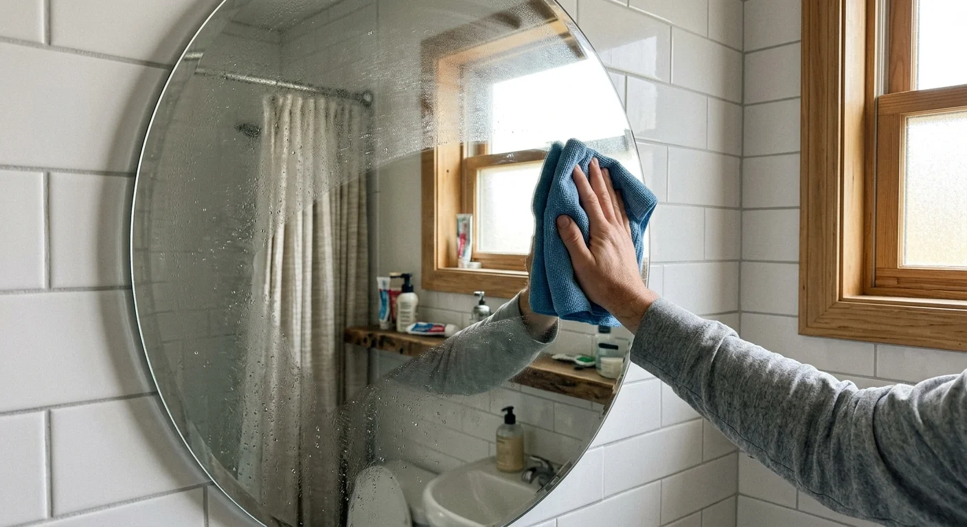 Hand using a microfiber cloth to wipe a misty bathroom mirror, leaving a clear, streak-free path.