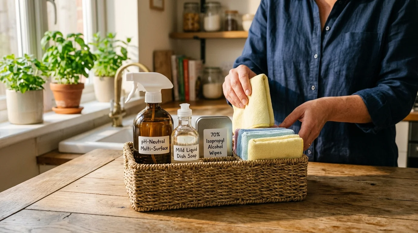 A person organizing labeled cleaning bottles and microfiber cloths in a woven basket on a wooden table.