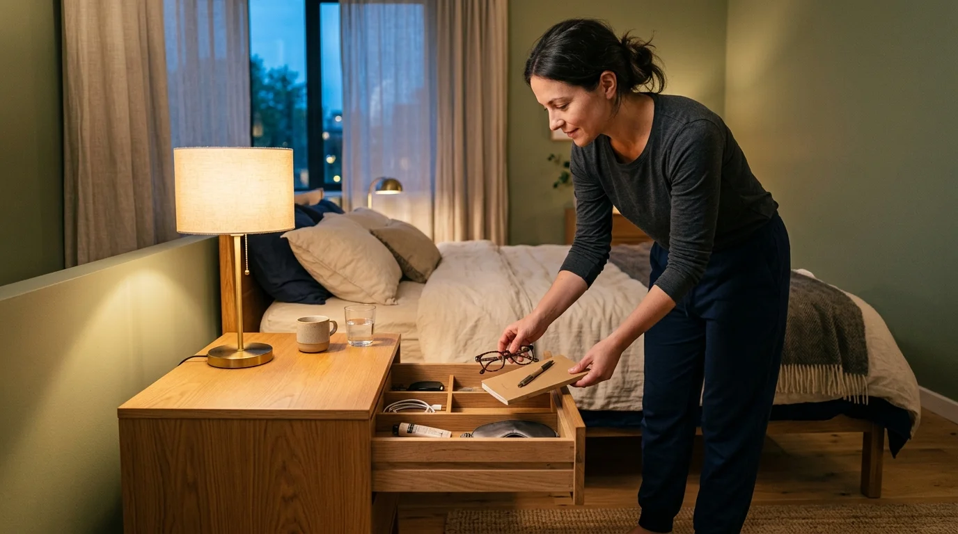 A woman organizing glasses and a notebook into an open wooden nightstand drawer beside a bed.