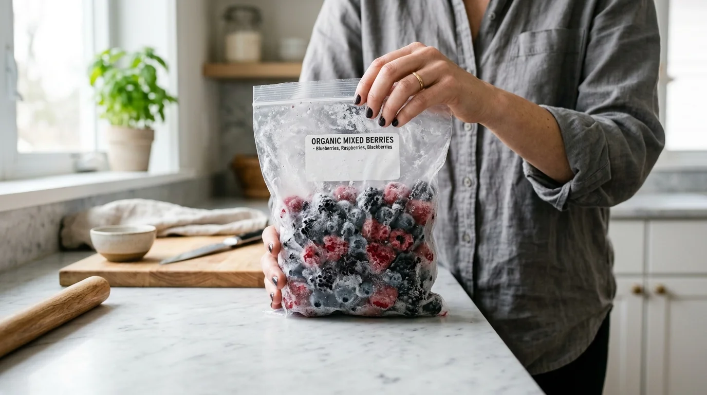 Hands holding a bag of frozen berries that have clumped together into a solid block of ice.