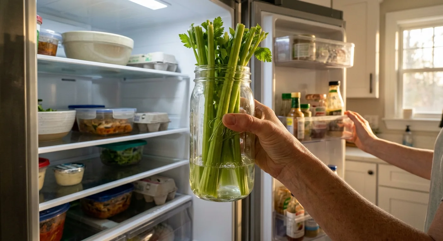 Hands placing a glass jar of crisp celery stalks on a bright, eye-level refrigerator shelf in a warm kitchen.