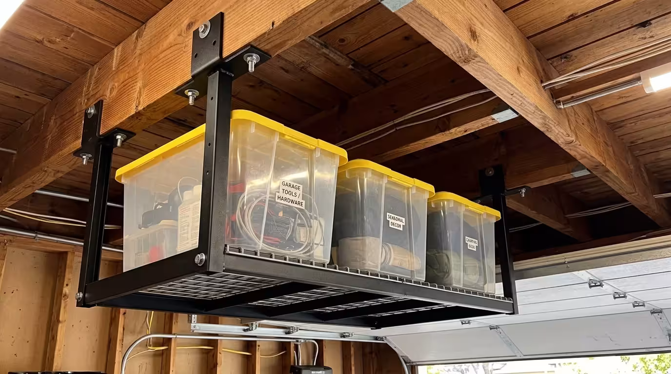 Heavy-duty black steel storage racks mounted to wooden garage ceiling joists, holding large plastic storage bins.