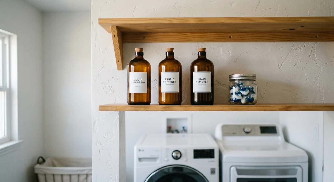 High wooden shelf with uniform amber glass laundry bottles and jars, safely out of reach of children.
