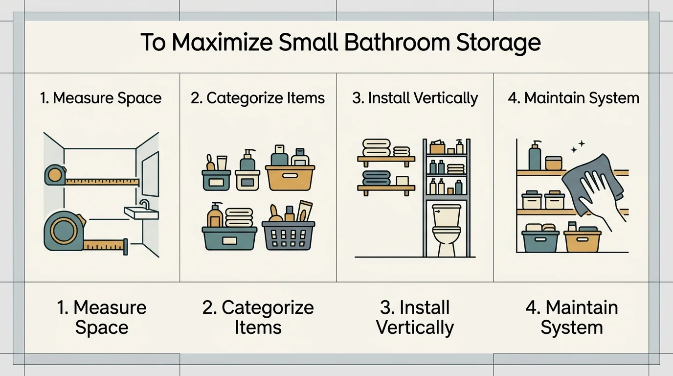 Horizontal infographic showing a four-step checklist for organizing a small bathroom.