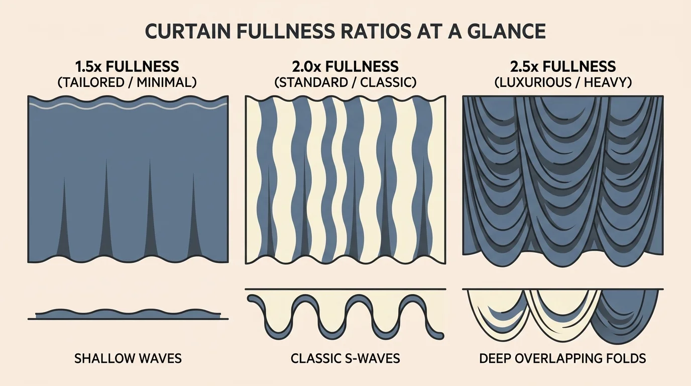 Horizontal infographic showing three curtain fullness ratios: tailored 1.5x, classic 2.0x, and luxury 2.5x.