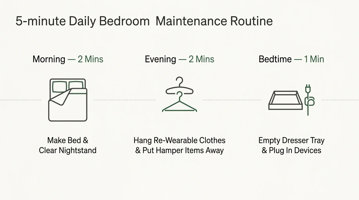 Diagram outlining a 5-minute bedroom routine across morning, evening, and bedtime with minimalist line icons.