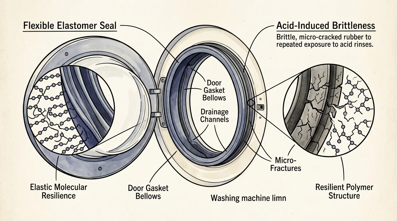 Diagram of a washing machine door seal comparing flexible elastomer to acid-induced brittleness and micro-fractures.