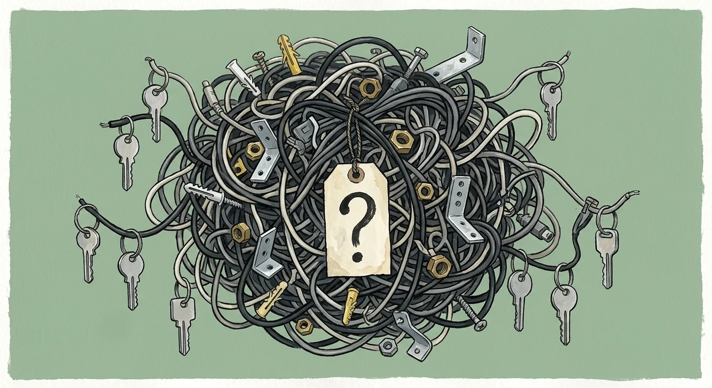 Illustration of a tangled knot of mystery electronic cords and unlabelled keys with a question mark tag on a green background.