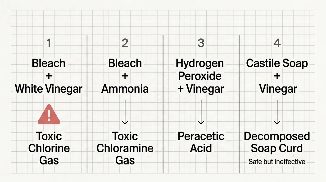 Infographic chart displaying dangerous household chemical combinations, including Bleach plus Vinegar and Bleach plus Ammonia.