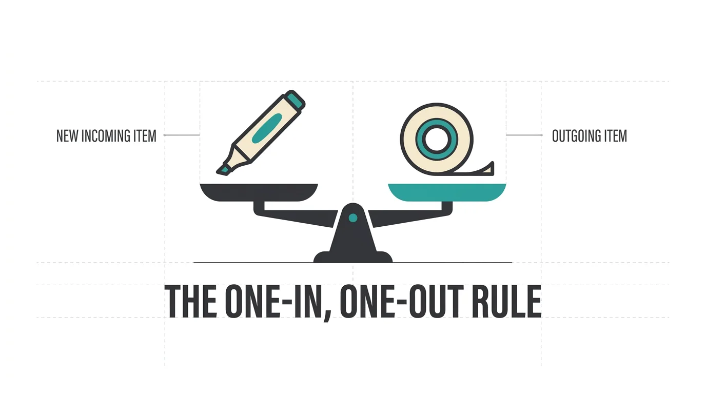 Infographic diagram illustrating the 'One-In, One-Out' maintenance rule for keeping a drawer organized.