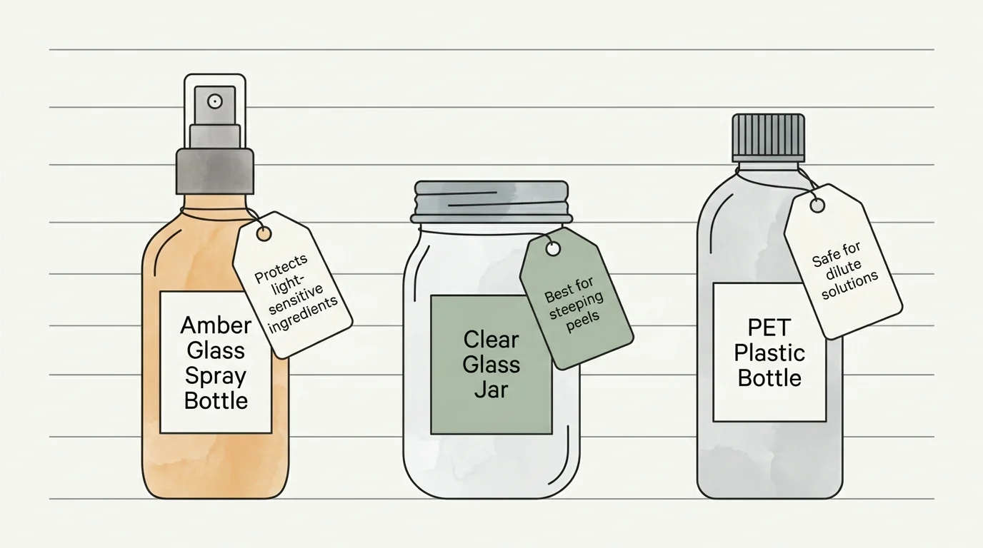 Infographic diagram showcasing recommended DIY cleaning containers: amber glass, clear glass jar, and PET plastic.