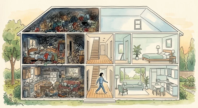 Ink and watercolor illustration of a house split between a chaotic, cluttered side and a serene, decluttered side.
