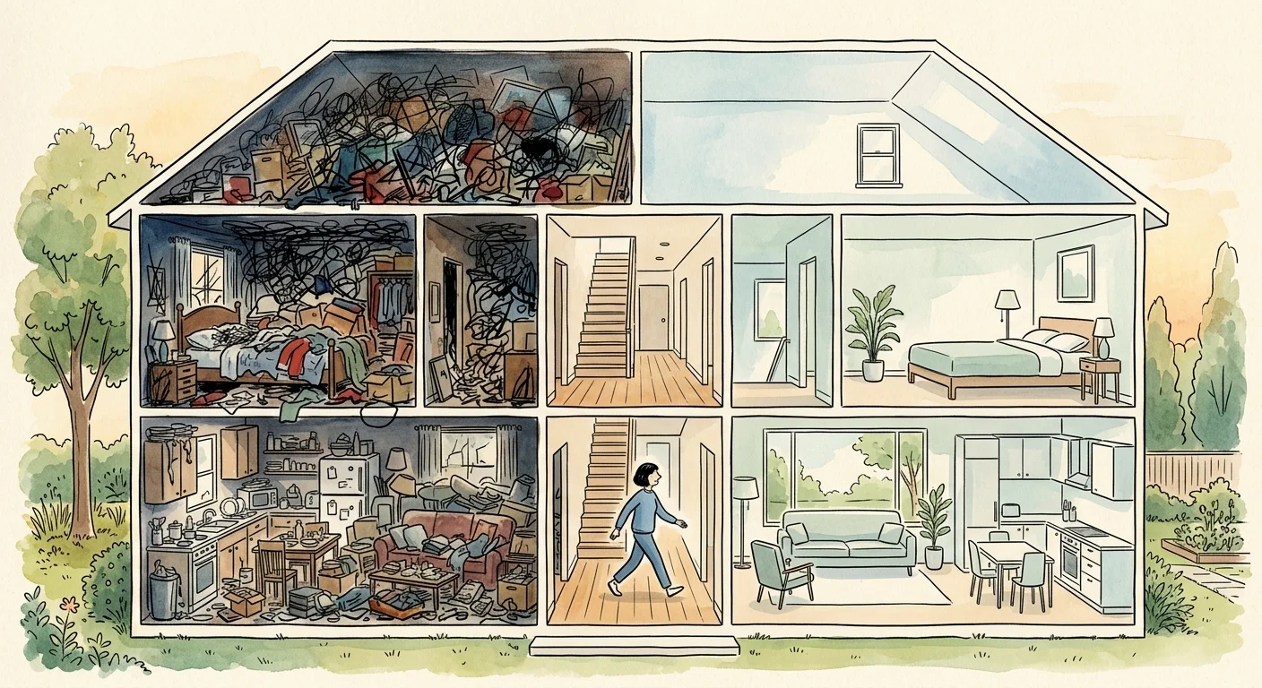Ink and watercolor illustration of a house split between a chaotic, cluttered side and a serene, decluttered side.