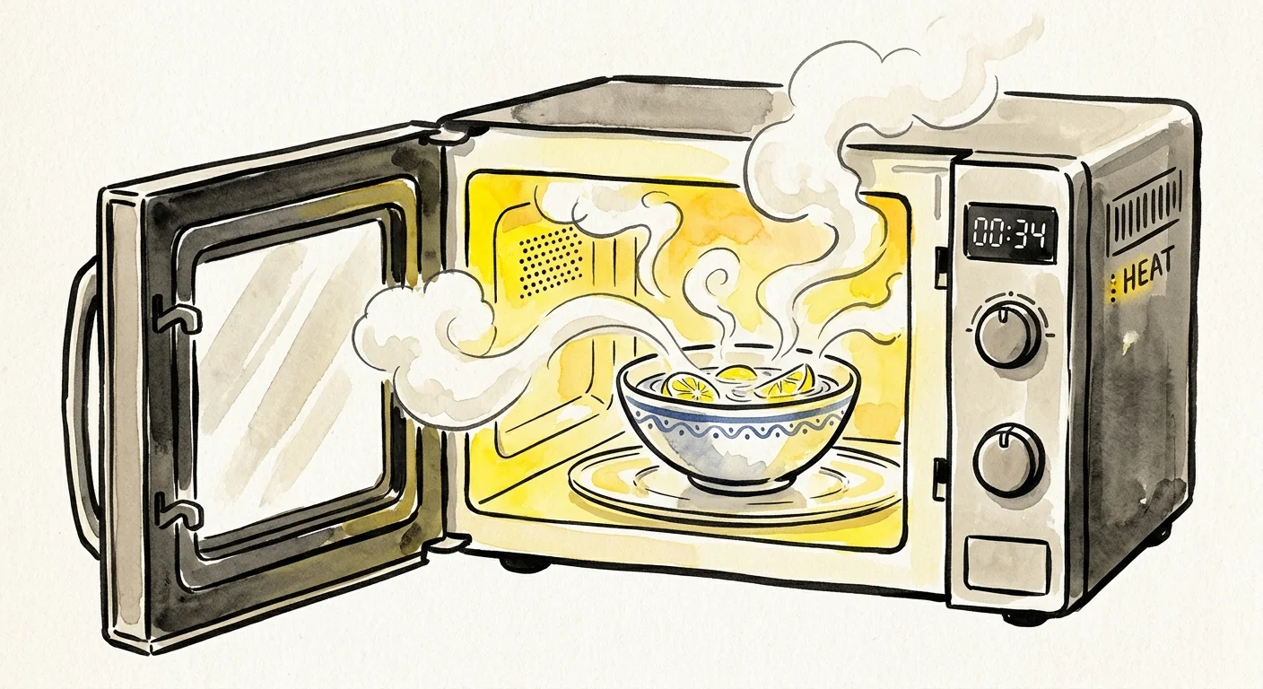 Ink and watercolor illustration of a steaming bowl of lemon water inside an open microwave.