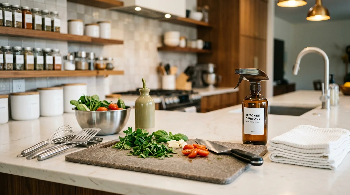 Cutting board with chopped vegetables and a knife on a kitchen island next to an amber spray bottle and white towels.