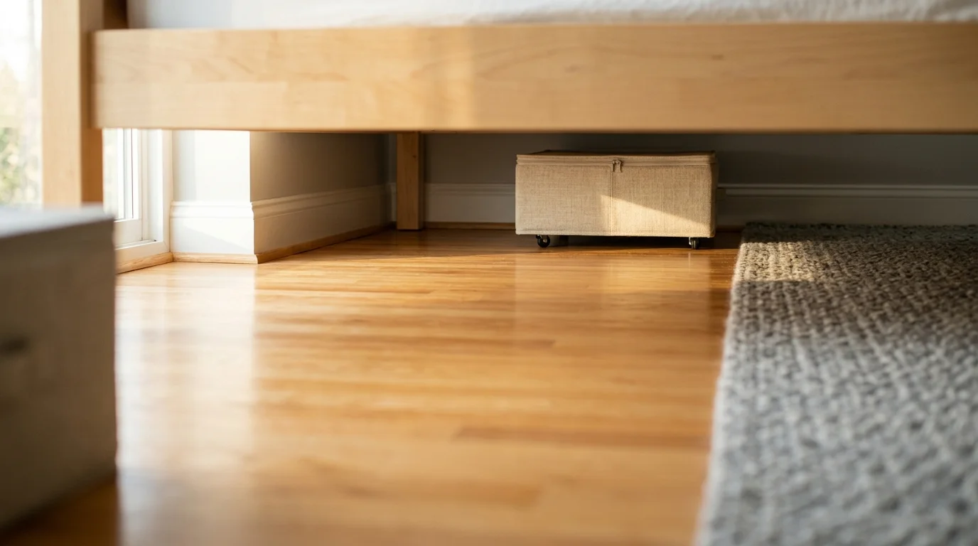Low-angle view under a wooden bed frame showing polished hardwood floors and a single beige rolling storage bin.