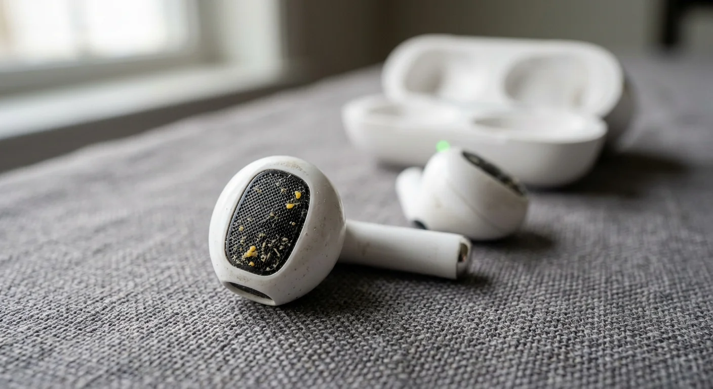 Macro photograph focusing on the fine metal mesh of a wireless earbud, showing light wax and dust buildup.