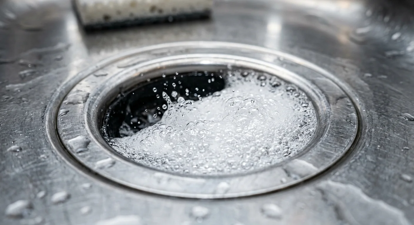 Macro photograph of bubbling white foam rising from a brushed nickel kitchen sink drain.