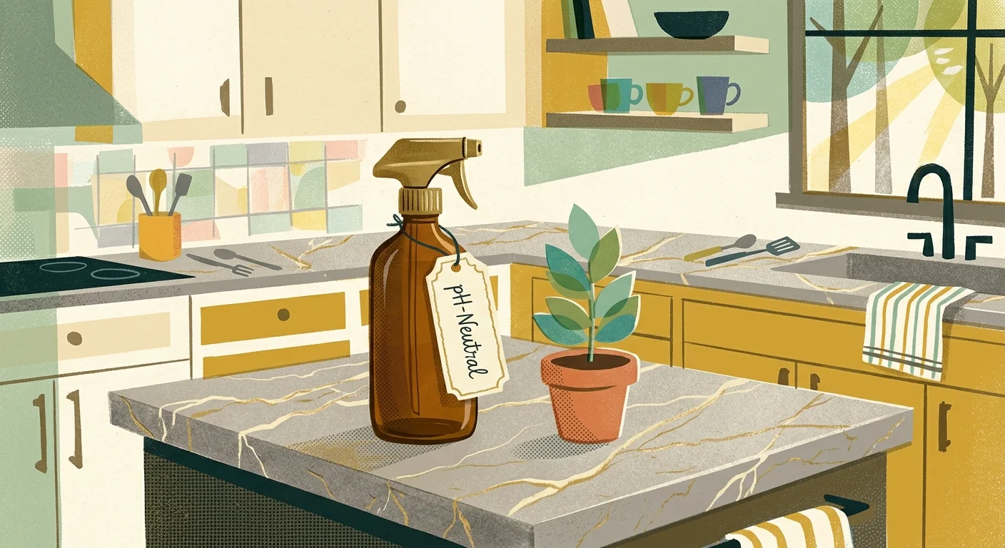 Mid-century gouache illustration of a pH-neutral spray bottle sitting on a polished granite countertop.
