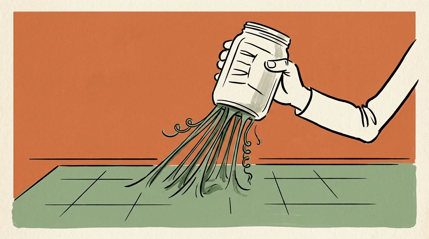 Minimalist ink and gouache illustration of a glass jar being lifted from a green liner, leaving behind sticky, elastic threads of residue.