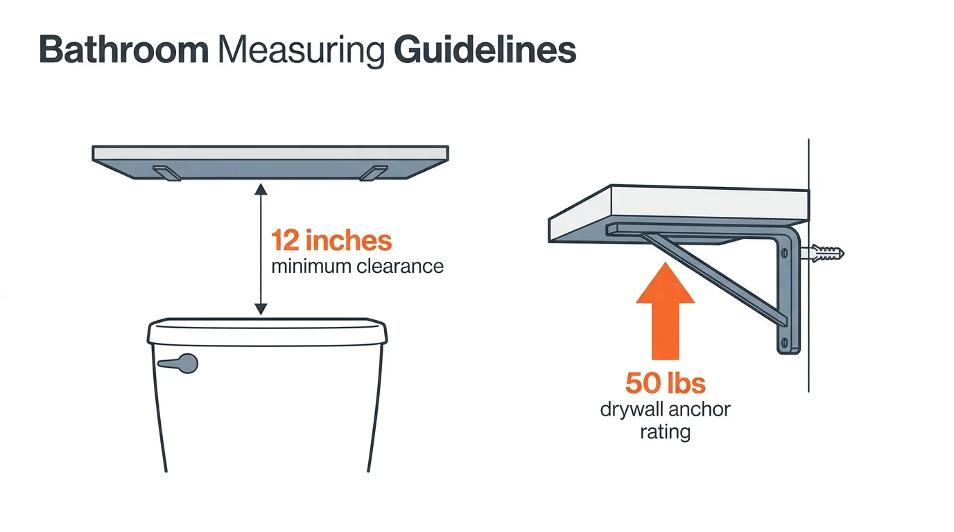 Minimalist technical diagram showing bathroom shelf clearance of 12 inches and a 50 lbs weight rating.