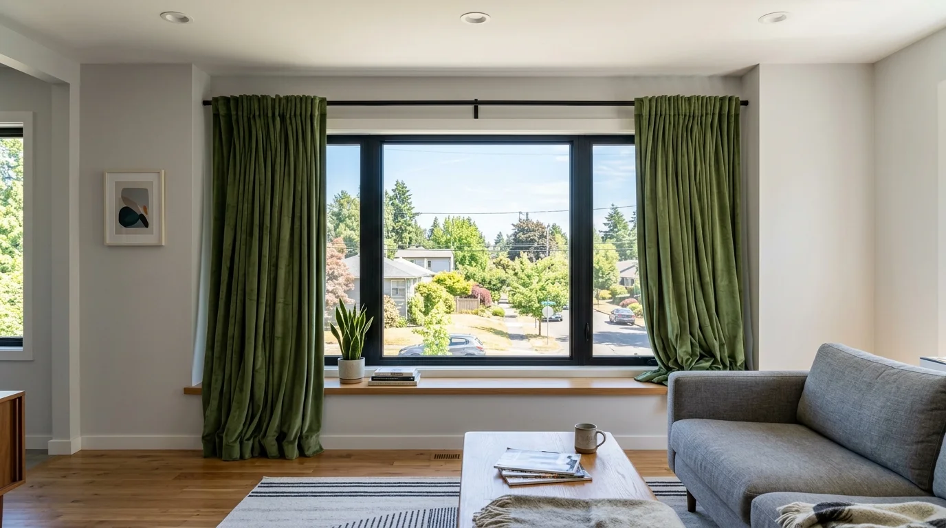 Open green curtains blocking the sides of a window glass instead of framing the window on the wall.
