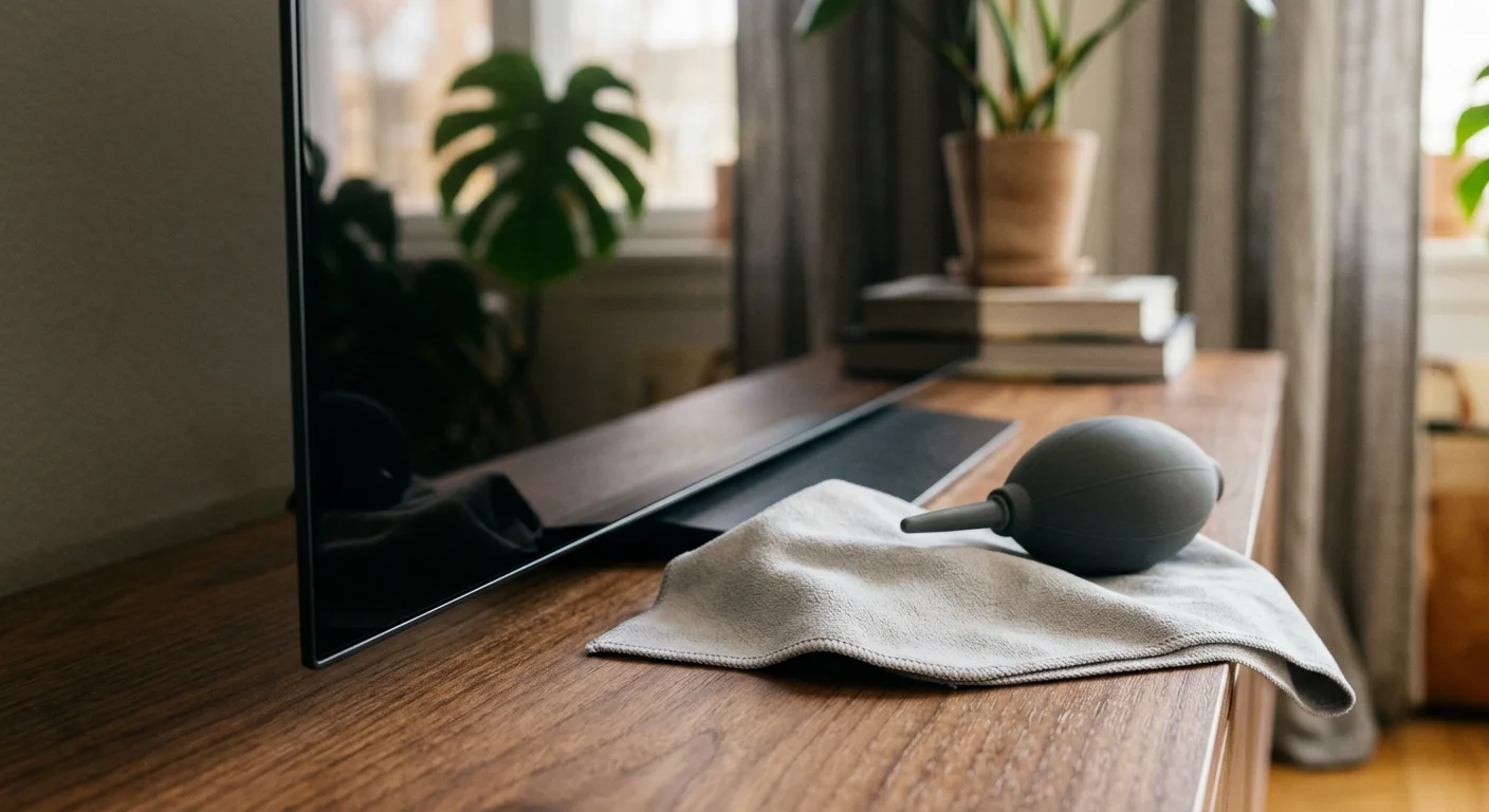 A microfiber cloth and rubber air blower resting on a wooden TV console next to a flat-screen television.
