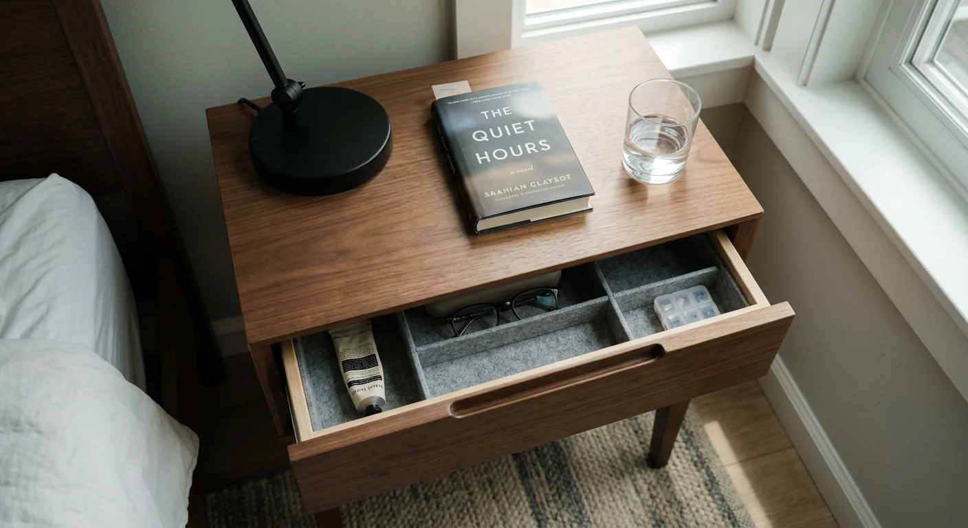 Wooden nightstand beside a bed with a lamp, book, and glass of water on top above an open organized drawer.
