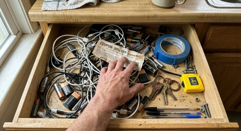 Overhead view of a messy, chaotic kitchen junk drawer being rummaged through by a hand, filled with cords, batteries, and tape.