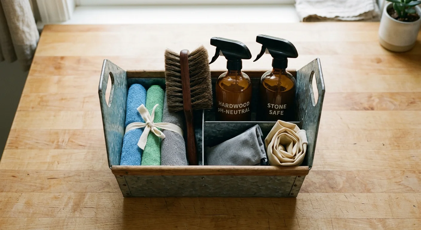 Galvanized metal caddy on a wooden surface holding amber spray bottles, microfiber cloths, and a wooden scrub brush.