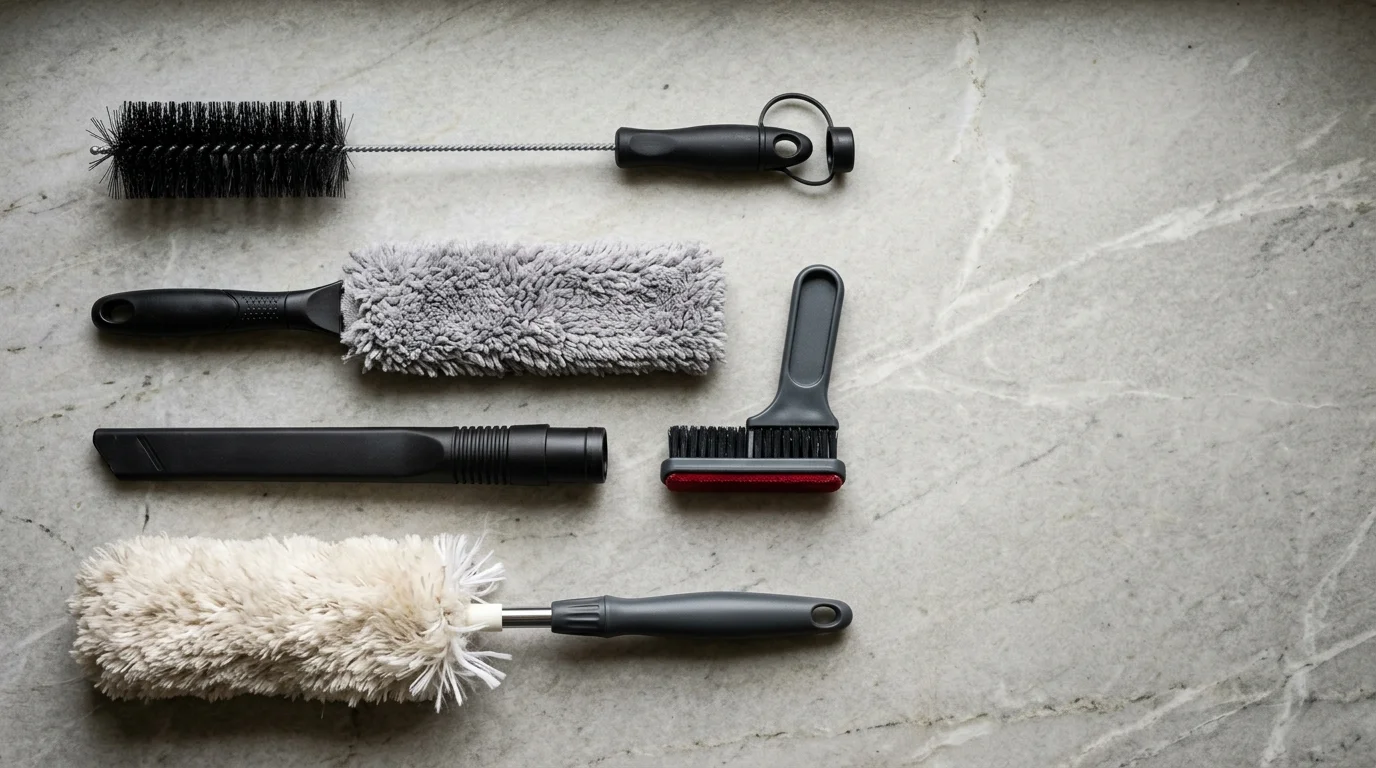 Five different cleaning tools, dusters, and vacuum attachments laid out flat on a grey marble countertop.