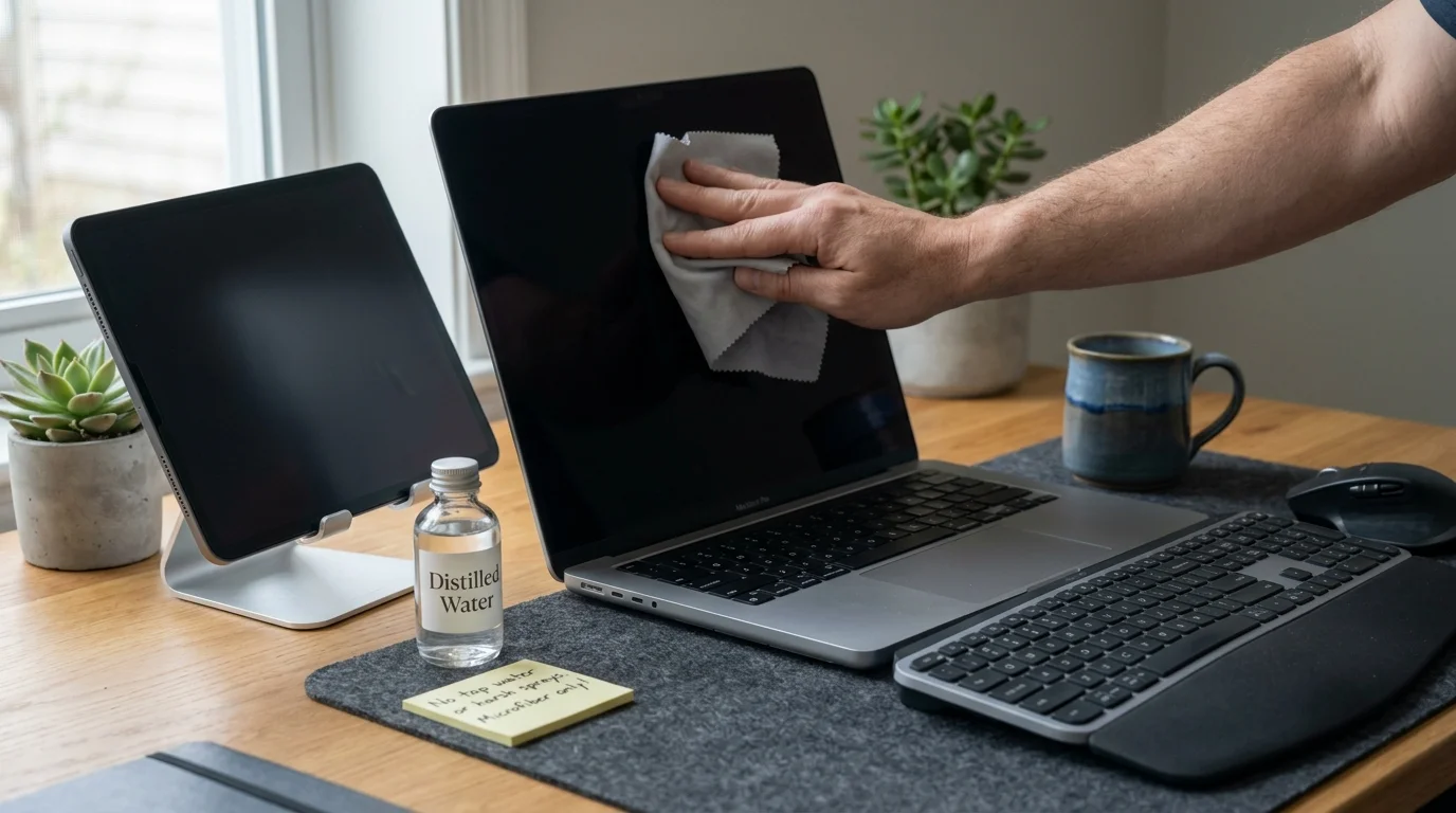 A person gently wipes a laptop screen with a grey microfiber cloth beside a small bottle of distilled water.