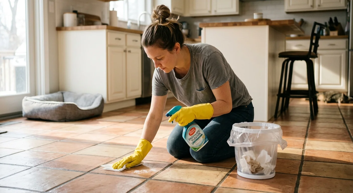 Woman kneeling on a kitchen tile floor wiping up a spill with spray cleaner, a cloth, and yellow rubber gloves.