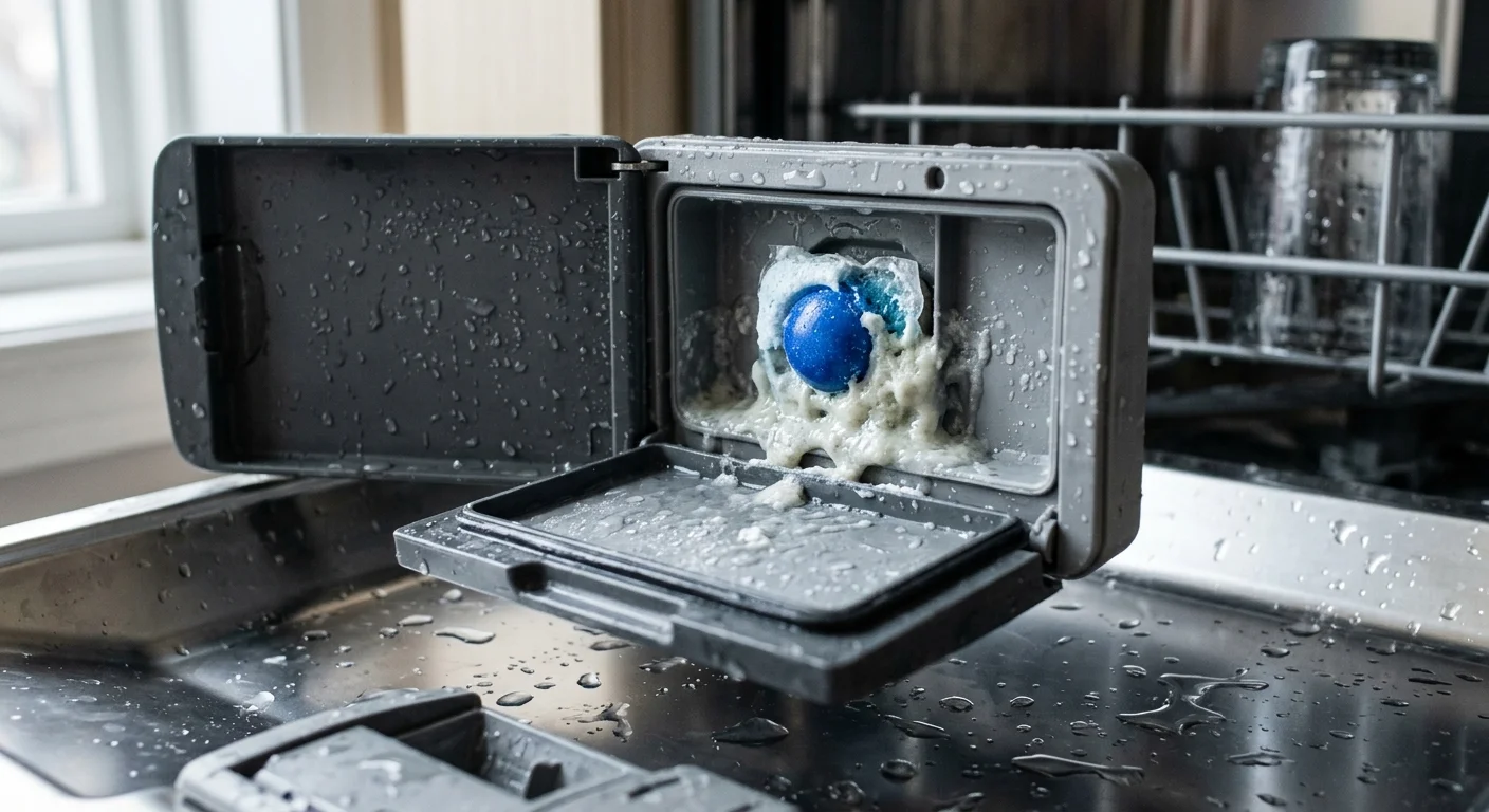 Photograph of a wet dishwasher detergent dispenser containing a half-dissolved, gooey tablet.