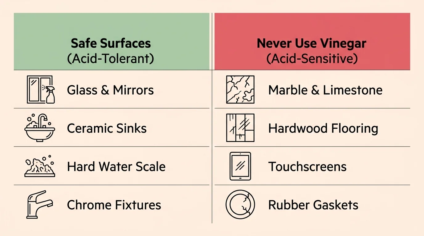 Comparison chart listing safe acid-tolerant surfaces alongside unsafe acid-sensitive materials with line icons.