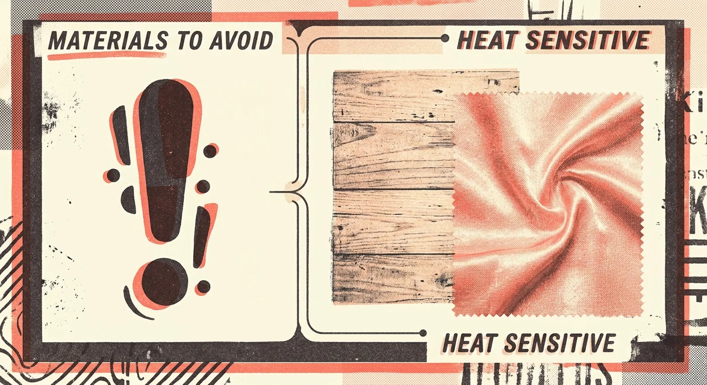 Risograph illustration depicting delicate materials like unsealed wood and silk next to a safety warning symbol.